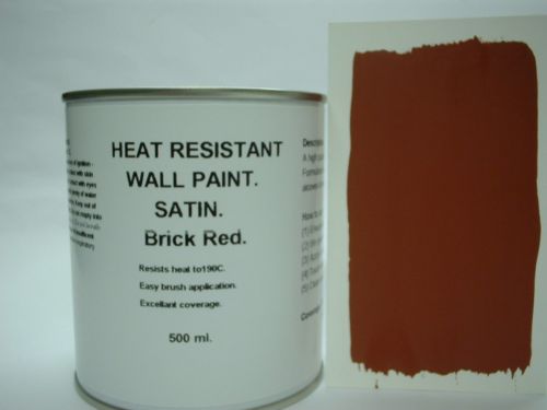 1 x 500ml Satin Red Brick Heat Resistant Wall Paint. Wood Burner Stove Alcove. Brick, Concrete, Plaster, Cement Board, Rendering, Metal, Timber etc.  