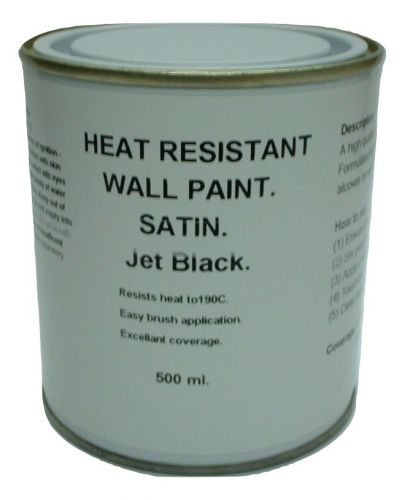 1 x 500ml Satin Jet Black Heat Resistant Wall Paint. Wood Burner Stove Alcove. Brick, Concrete, Plaster, Cement Board, Rendering, Metal, Timber etc. 